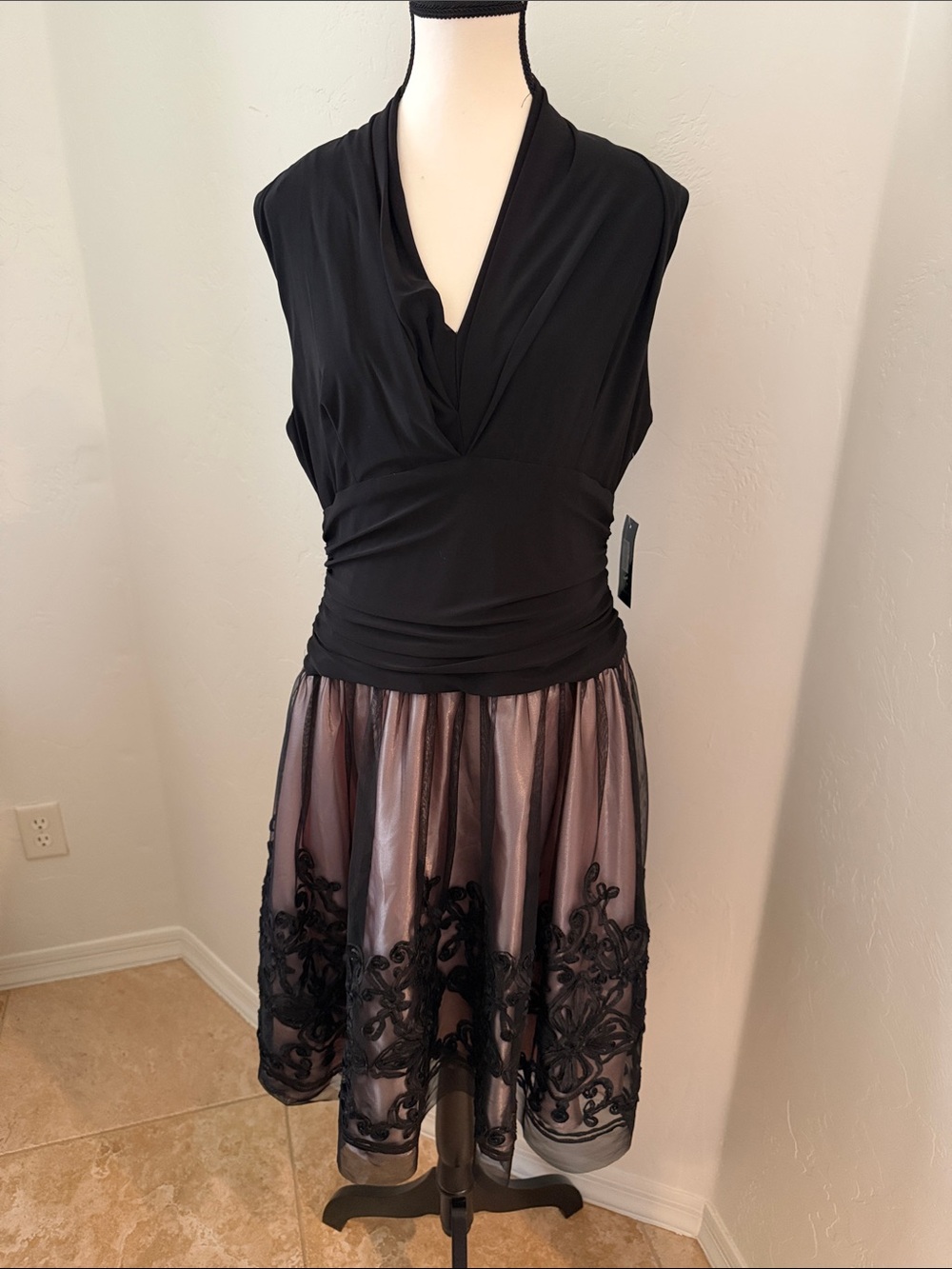 SLNY Black and Mauve Embroidered Prom Dress